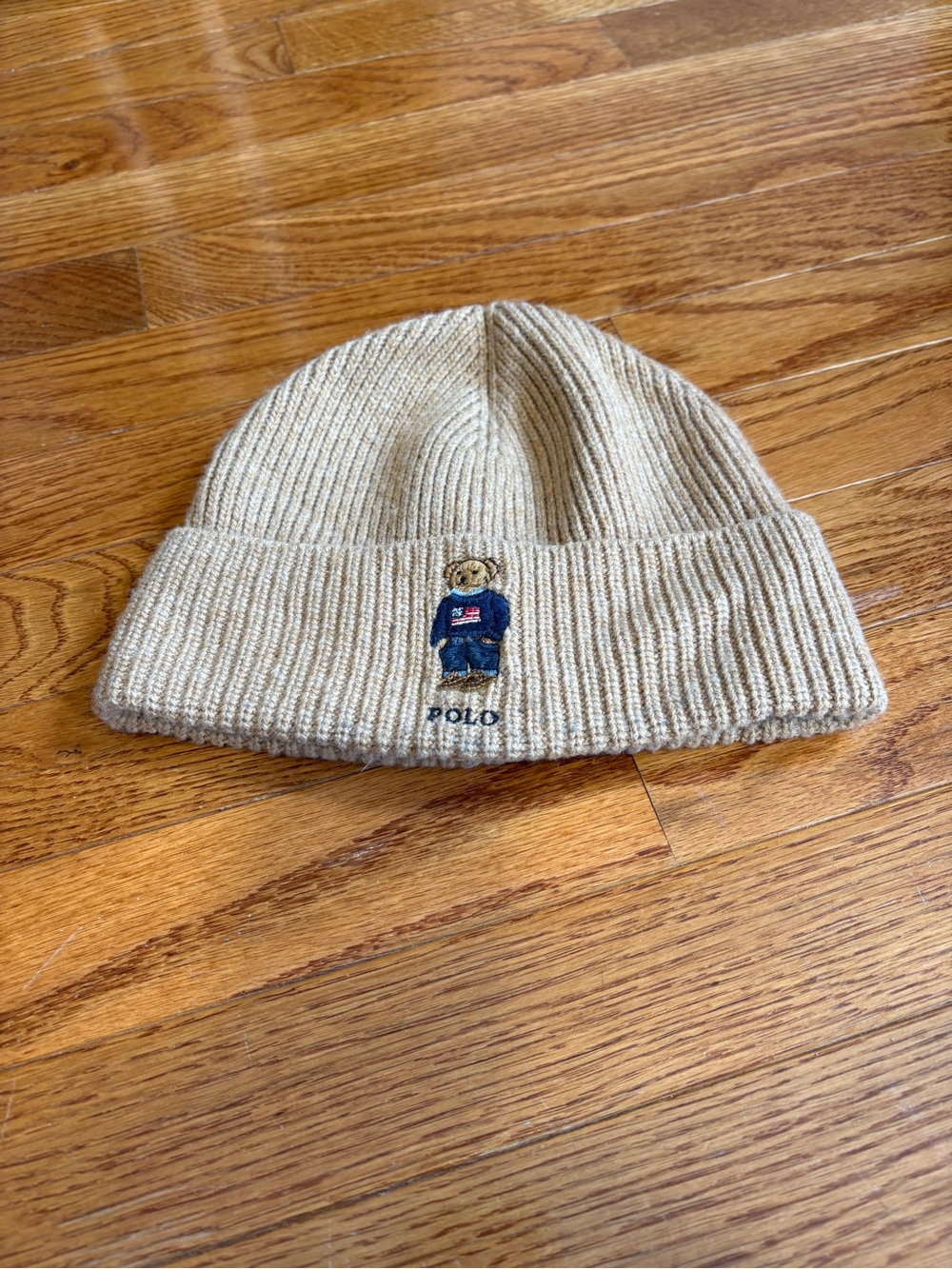 Polo by Ralph Lauren Beige Iconic Bear Embroidered Rib Knit Beanie